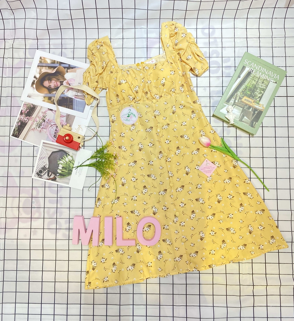 Đầm lụa hoa xếp ly ngực kèm nút bọc (có mút) - màu vàng