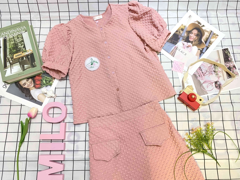 Set đầm tapta áo cài nút phối chân váy (có lót)