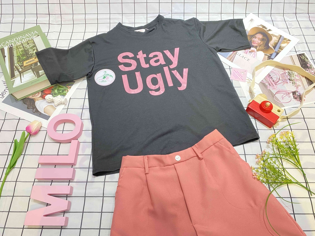 Set bộ đùi áo thun in chữ stay ugly phối quần