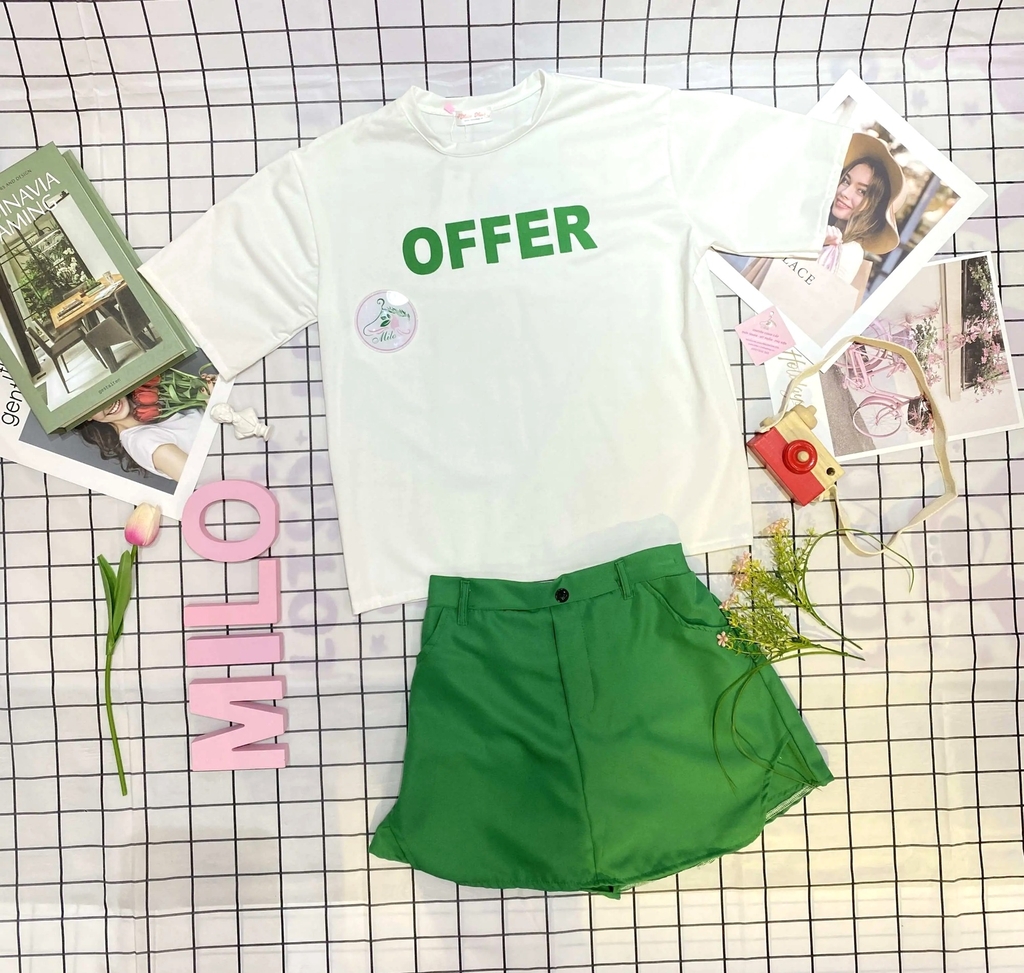 Set bộ đùi áo thun in chữ phối quần giả váy