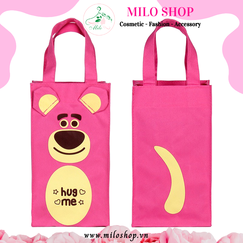 Túi đựng bình nước giữ nhiệt gấu dâu Lotso chữ Hug me (hồng)