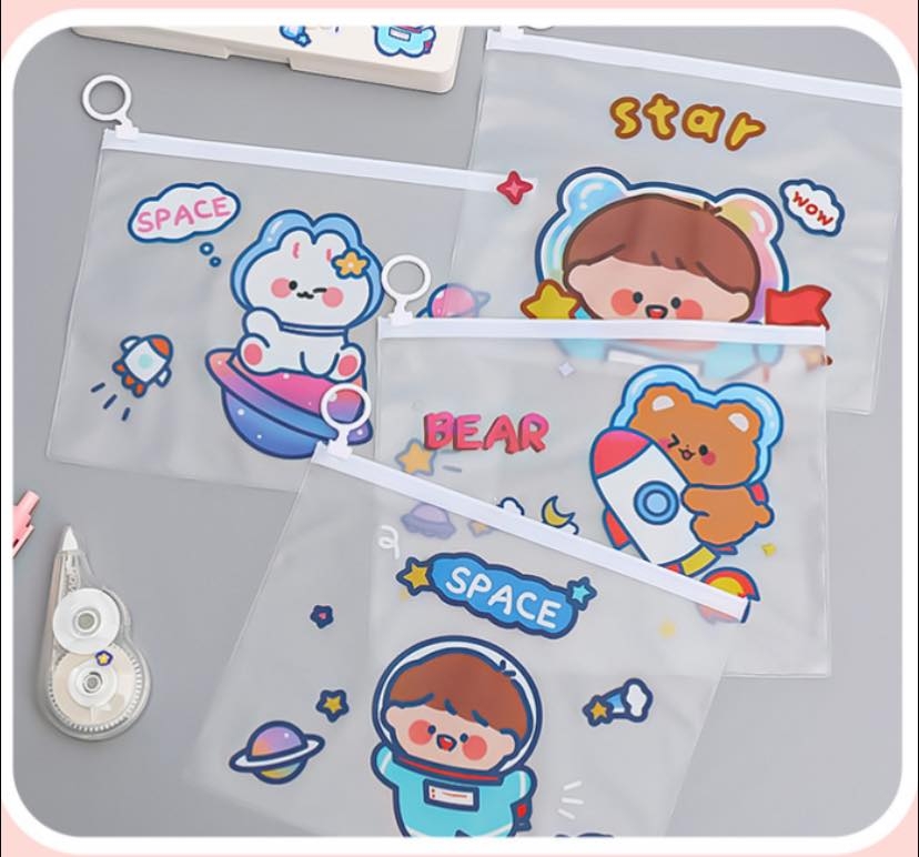 Túi zip trong Space đựng bút viết hình cute (size 17.5cm x 21cm)