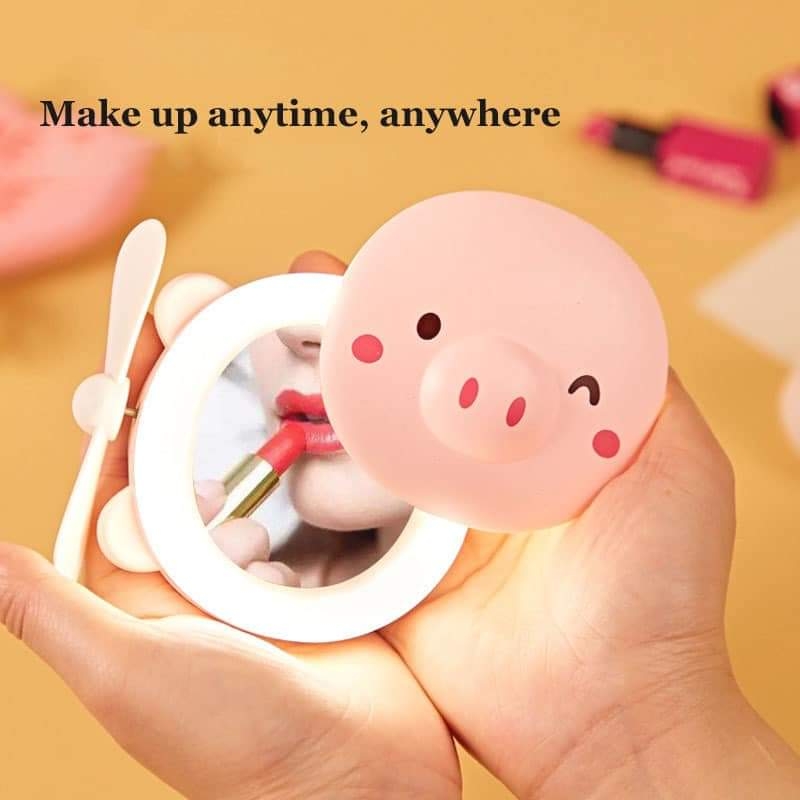 Quạt cầm tay heo hồng cute 3 in 1 có gương và đèn led HC- Mini fan