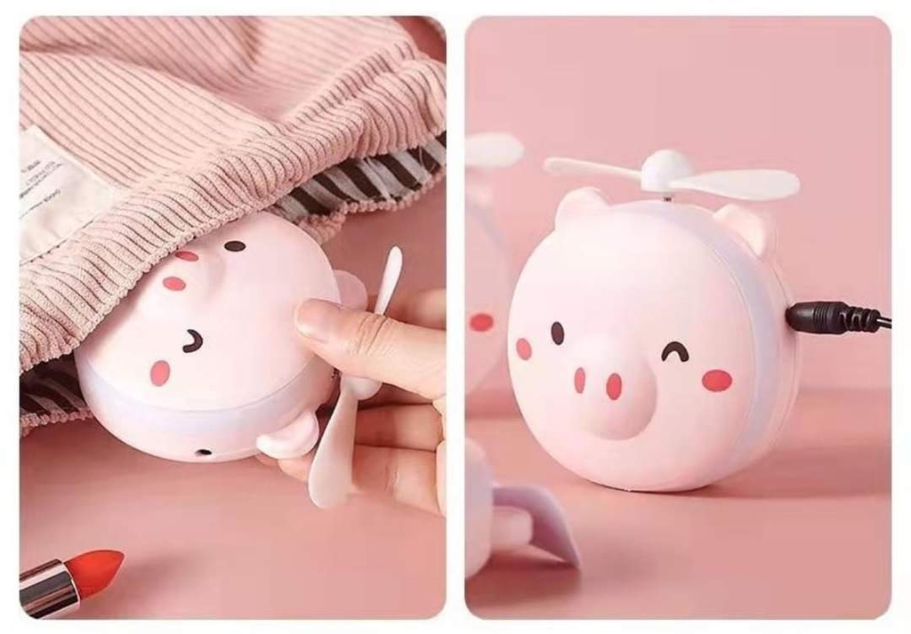 Quạt cầm tay heo hồng cute 3 in 1 có gương và đèn led HC- Mini fan