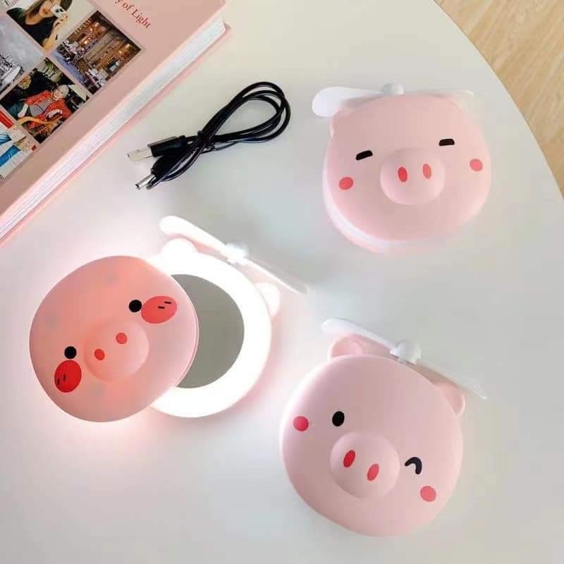 Quạt cầm tay heo hồng cute 3 in 1 có gương và đèn led HC- Mini fan