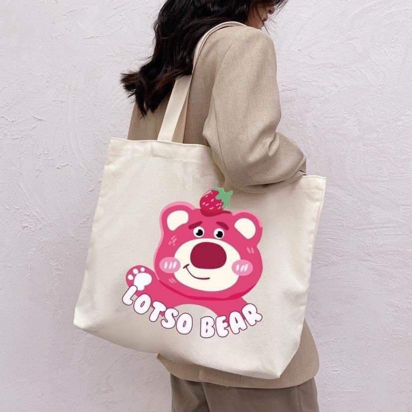 Túi tote Canvas gấu dâu Lotso cao cấp (có khóa kéo)
