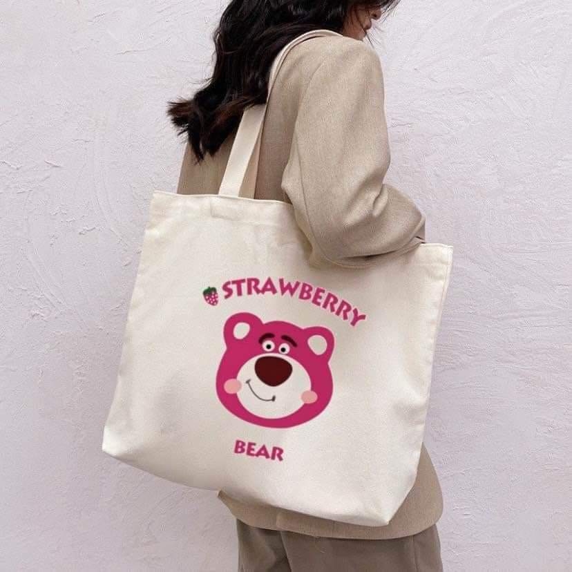 Túi tote Canvas gấu dâu Lotso cao cấp (có khóa kéo)