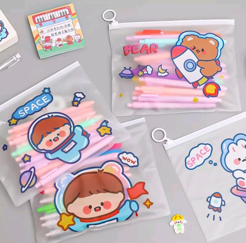 Túi zip trong Space đựng bút viết hình cute (size 17.5cm x 21cm)