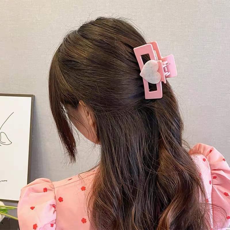 Kẹp tóc bản to hồng phối trái tim + chữ nhật trơn nhiều màu