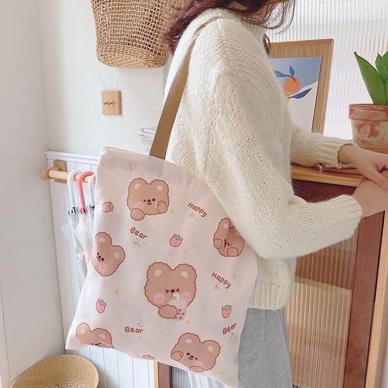 Túi tote Quảng Châu hình gấu họa tiết chữ happy bear