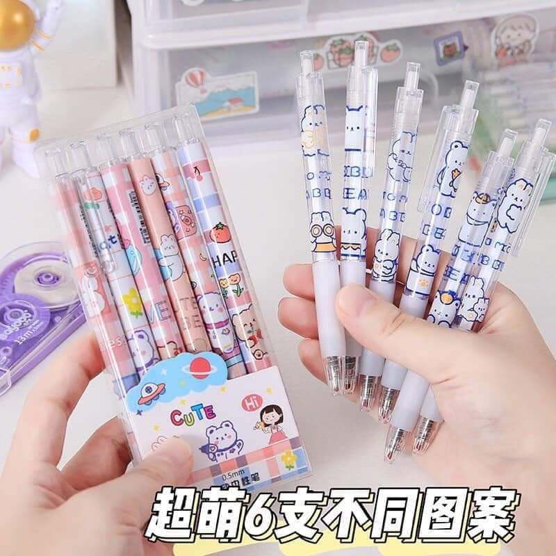 Set hộp 6 bút bi bấm hoạt hình cute