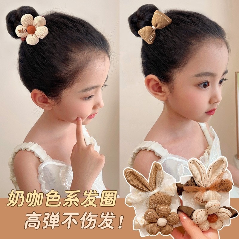 Cột tóc đính nơ hoa + tai thỏ (màu trà sữa) - kiểu 2