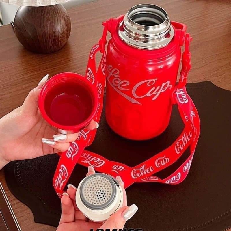 Bình giữ nhiệt có quai xách và dây đeo Coffee Cup - 1200ml (màu trắng + đỏ)