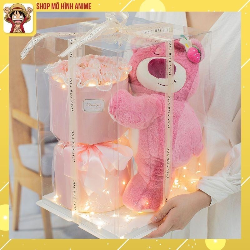 Hôp Quà Tặng Trong Suốt, Gấu Dâu Lotso Ôm Hoa Hồng Siêu Dễ Thương, Có Đèn Led, Thích Hợp Làm Quà Tặng Sinh Nhật