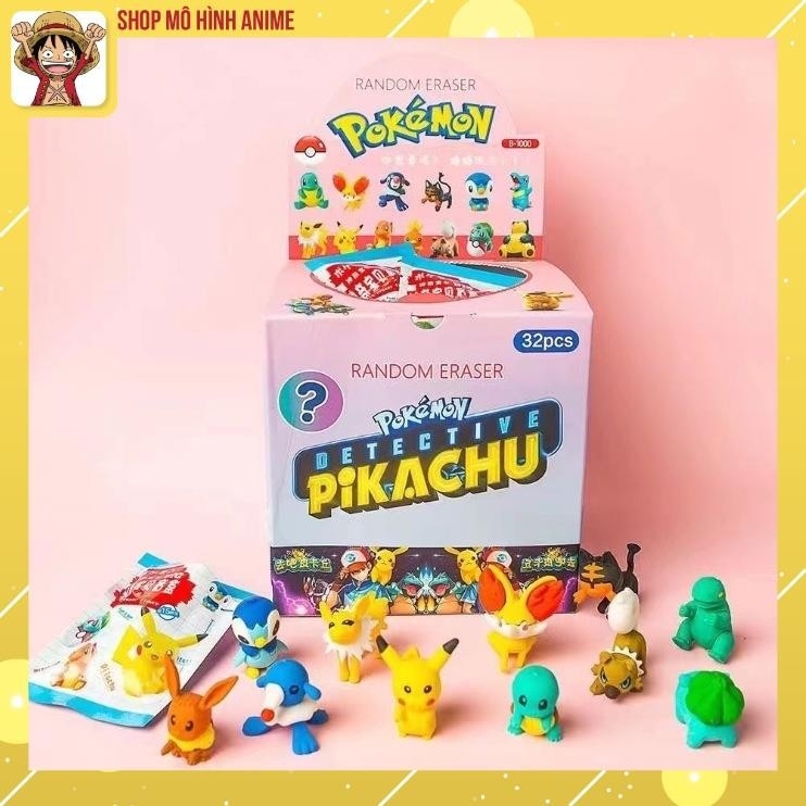 Hộp 32 Mô Hình Tẩy Bút Chì Gấu Dâu, Pokemon, Unbox Mở Quà Sưu Tầm Các Nhân Vật Ngẫu Nhiên, Đồ Chơi Quà Tặng Cho Bé