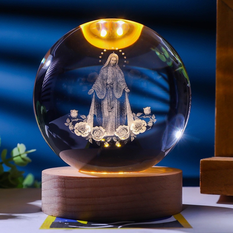 Đèn Ngủ Quả Cầu Pha Lê Hình Tượng Phật, Chúa jesus, Quan Thế Âm, Đèn 3D Phát Sáng Ban Đêm, Decor Trang Trí, Quà Tặng