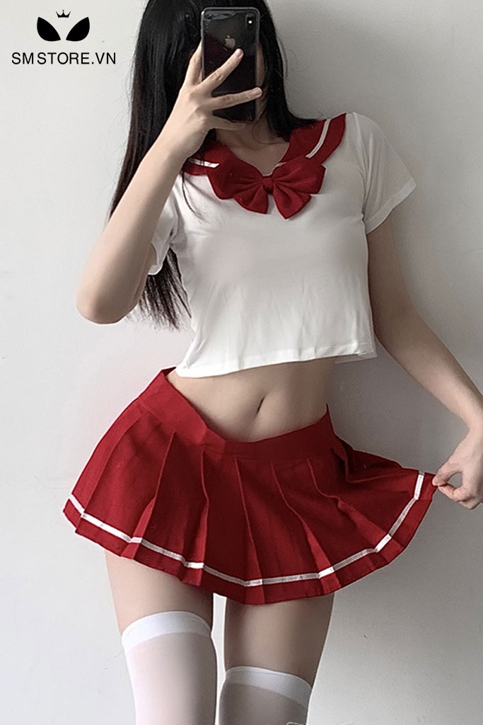 SMS112 - Trang phục cosplay học sinh áo hở eo mix chân váy xếp ly