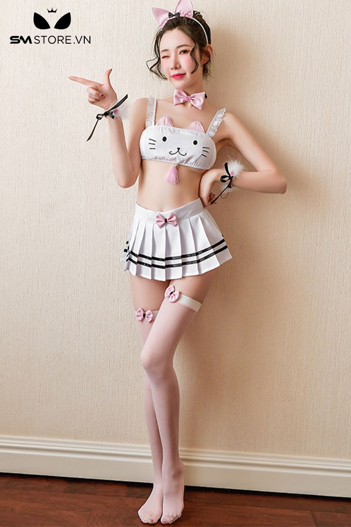 SMS341 - đồ ngủ cosplay mèo sexy với áo ngực và chân váy xếp ly