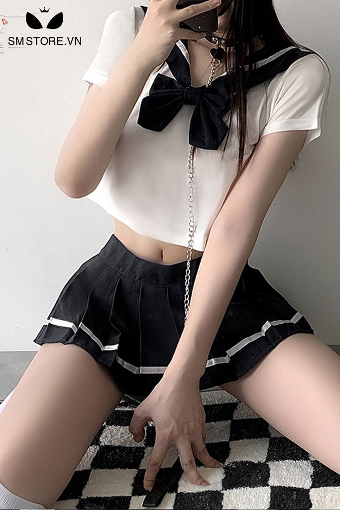 SMS112 - Trang phục cosplay học sinh áo hở eo mix chân váy xếp ly