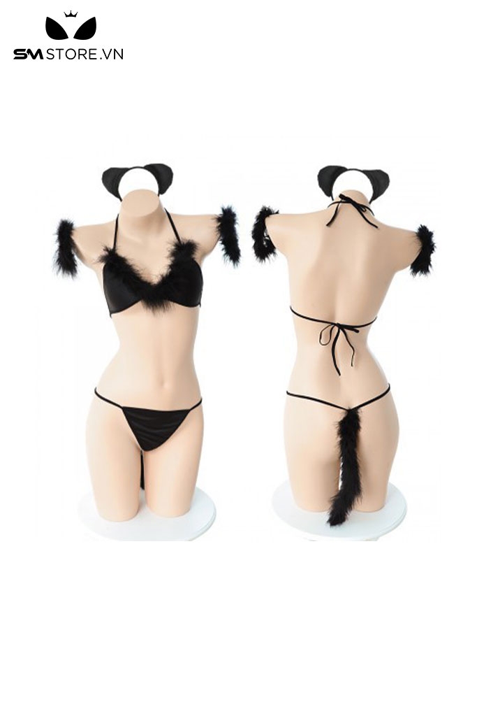 SMS482 - set bikini cosplay mèo màu đen đính bông sexy quyến rũ