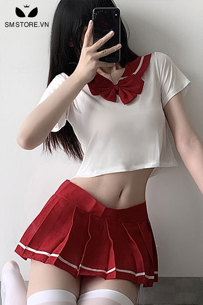 SMS112 - Trang phục cosplay học sinh áo hở eo mix chân váy xếp ly