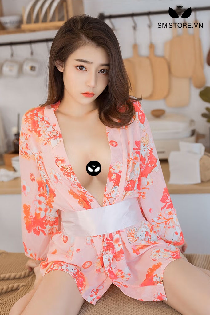 SMS023 - Set áo ngủ nữ kimono ngắn cùng quần lót lọt khe sexy gợi cảm