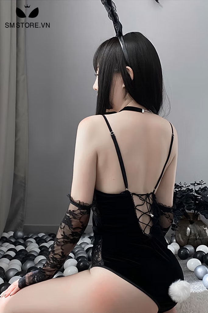 SMS025 - Đồ ngủ cosplay thỏ ngọc sexy với áo bodysuit 2 dây màu đen