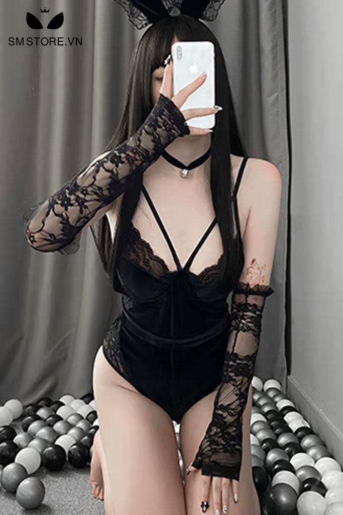 SMS025 - Đồ ngủ cosplay thỏ ngọc sexy với áo bodysuit 2 dây màu đen