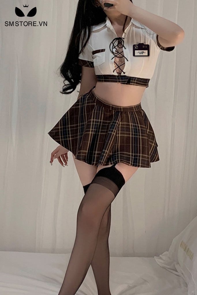 SMS121 - Cosplay học sinh áo sơ mi croptop buộc dây & chân váy sexy