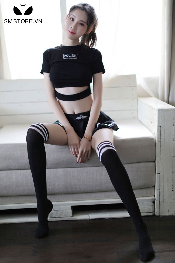 SMS134 - Cosplay cảnh sát áo croptop đai ngang với chân váy ngắn