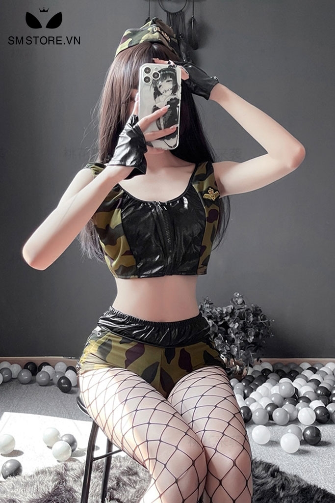 SMS151 - Cosplay quân đội áo croptop với quần đan chéo kèm tất lưới