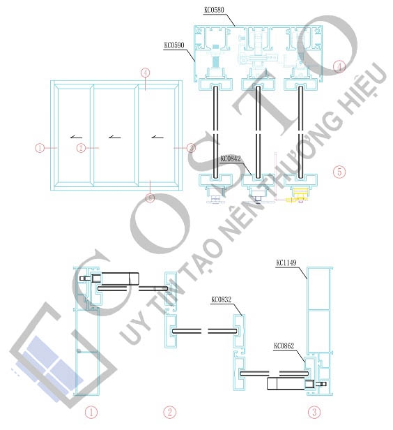 Bản vẽ cửa nhôm Slim mở trượt 3 cánh