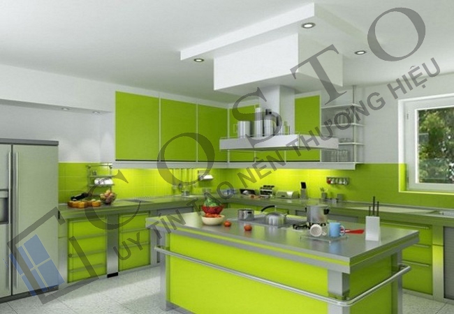 Kính tường bếp xanh non