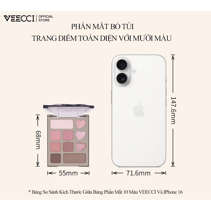 Bảng Phấn Mắt 10 Ô Veecci Hồng Nhũ Mịn Dễ Tán Mini 4.2g