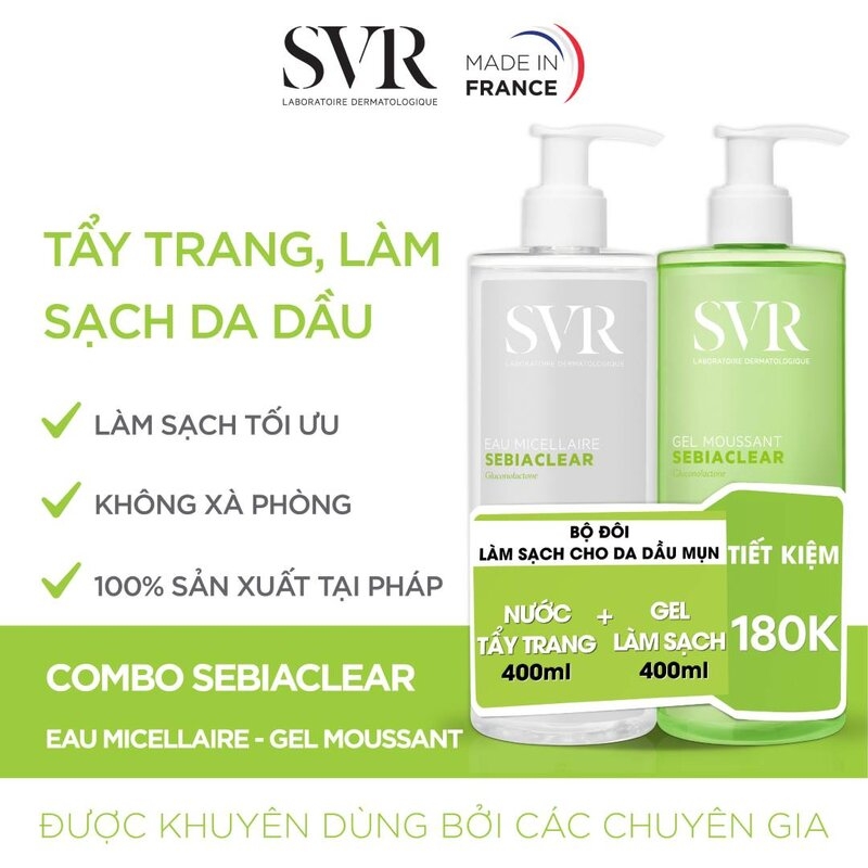 Combo Gel Rửa Mặt SVR Sebiaclear Gel Moussant  400ml + Tẩy Trang SVR Sebiaclear Da Dầu Mụn 400ml