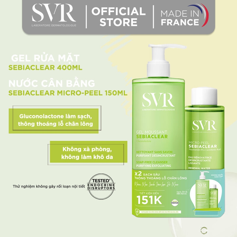 Combo Gel Rửa Mặt SVR Sebiaclear Gel Moussant  400ml + Toner SVR Sebiaclear Da Dầu Mụn 150ml