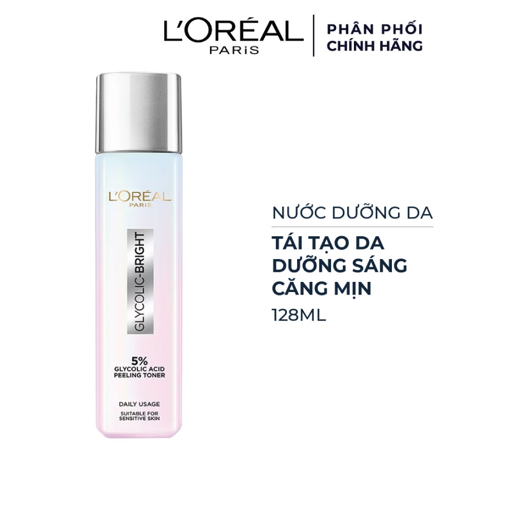 Toner L'Oreal Glycolic Bright Peeling Toner Tái Tạo Da, Dưỡng Sáng Và Căng Mịn 128ml