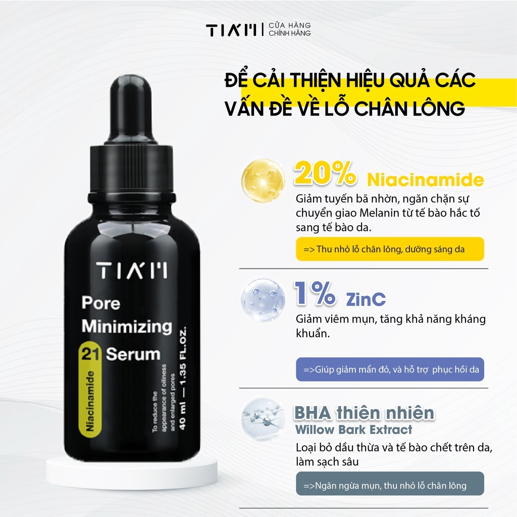 Serum Tiam Niacinamide 20% + Zinc 1% Thu Nhỏ Lỗ Chân Lông, Kiểm Soát Dầu Nhờn Và Ngừa Mụn 40ml