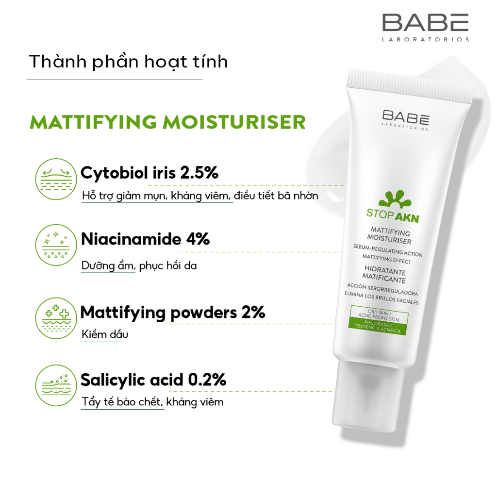 Kem Dưỡng Cho Da Dầu Mụn BABE Stop AKN Mattifying Moisturiser 50ml