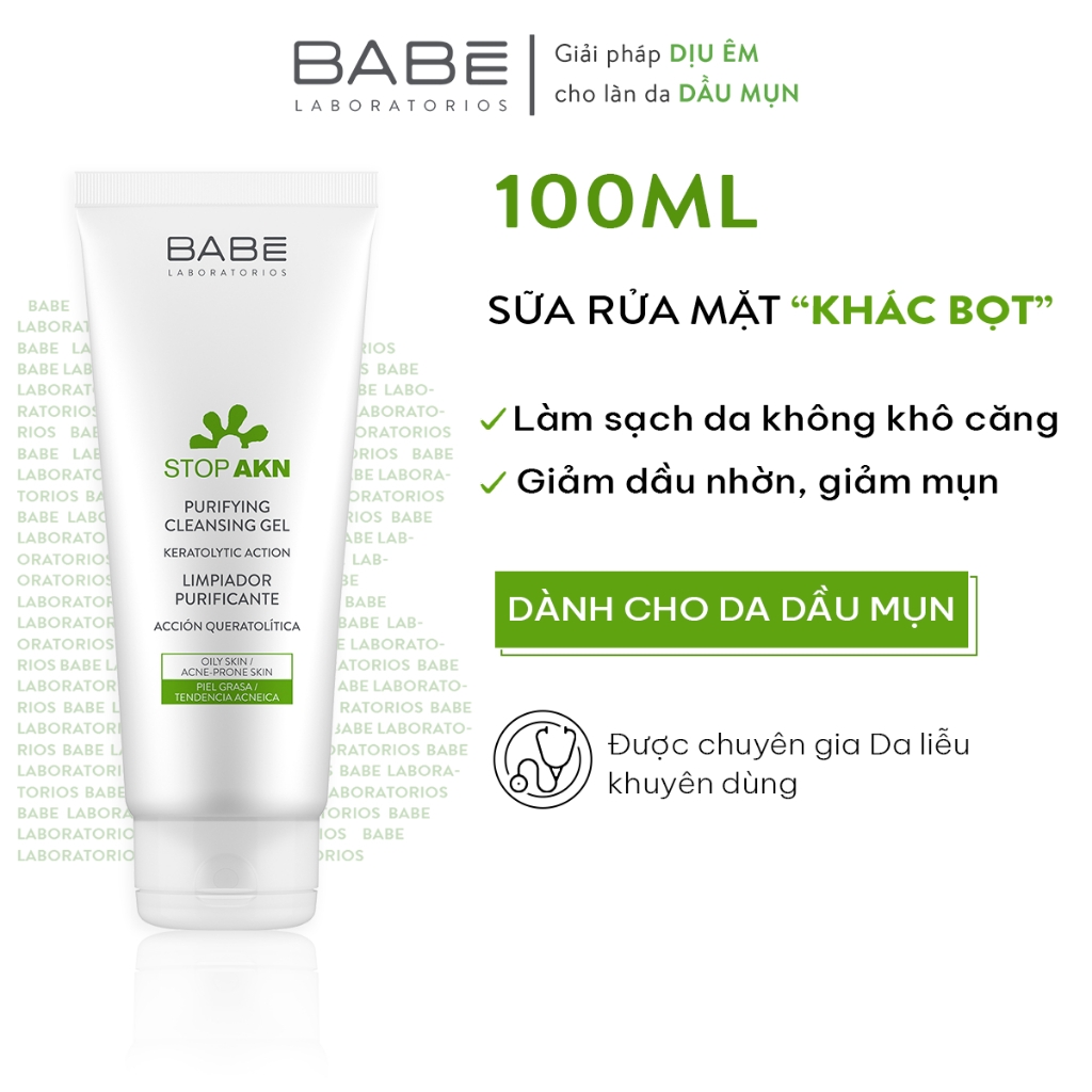 Sữa Rửa Mặt Làm Sạch Dịu Nhẹ Cho Da Dầu Mụn BABE Stop AKN Purifying Cleansing Gel