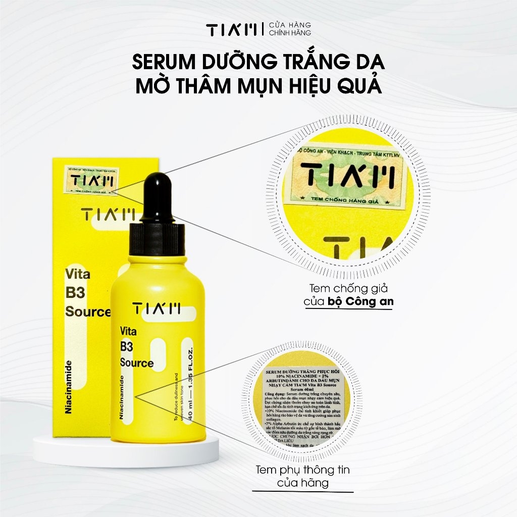 Serum Tiam Tinh Chất Dưỡng Trắng Da, Giảm Thâm Nám, Phục Hồi Da Sau Mụn Tiam Vita B3 Source Serum 40ml