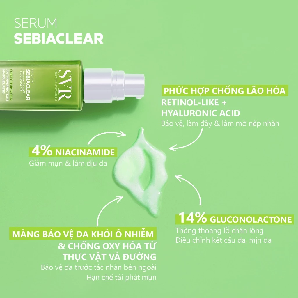 Serum SVR Sebiaclear Serum Chăm Sóc Da Làm Giảm Mụn, Thông Thoáng Lỗ Chân Lông, Làm Mềm Mịn Da 30ml