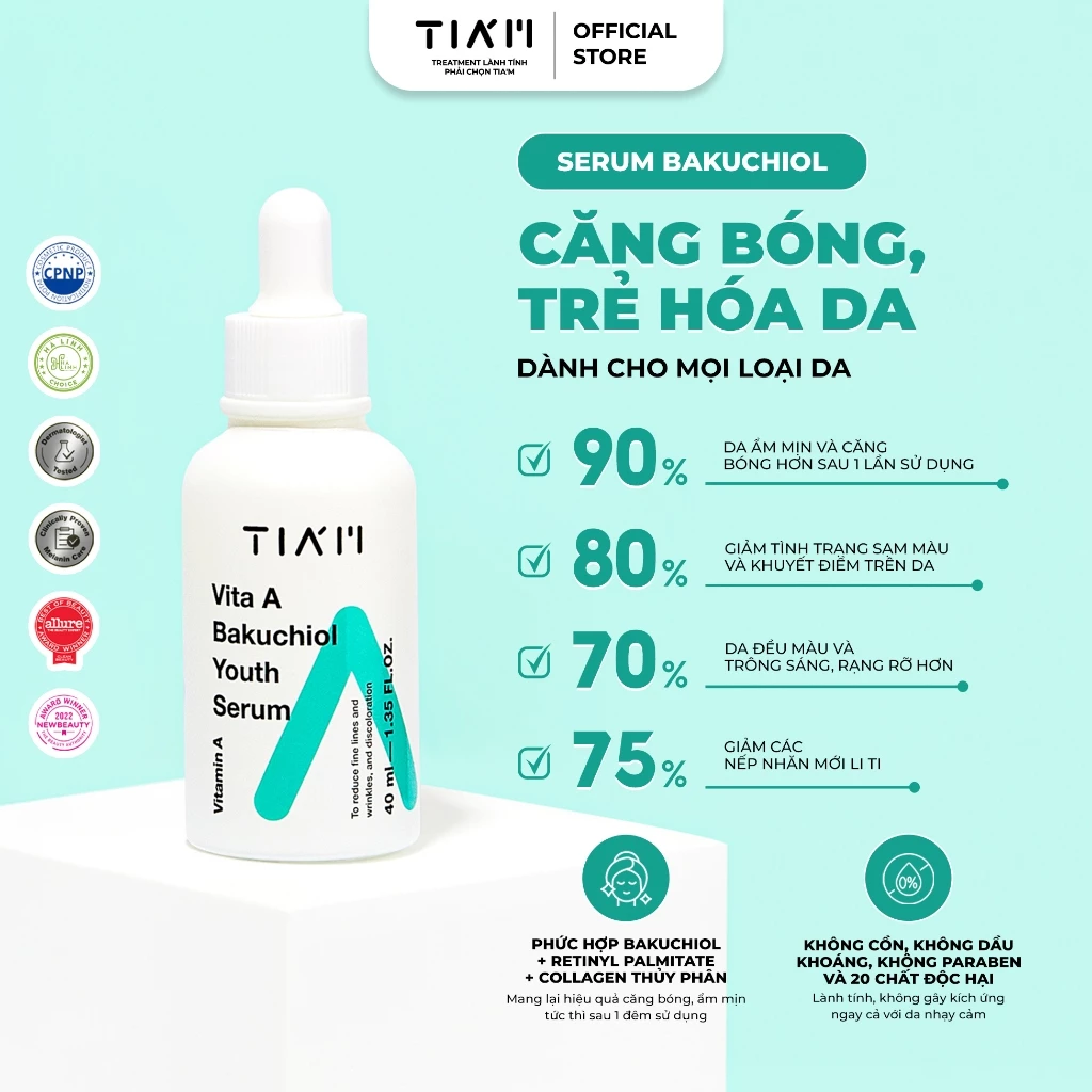 Serum Tiam Tinh Chất Dưỡng Ẩm, Giảm Vết Nhăn & Ngăn Ngừa Lão Hóa Tiam Vita A Bakuchiol Youth Serum 40ml