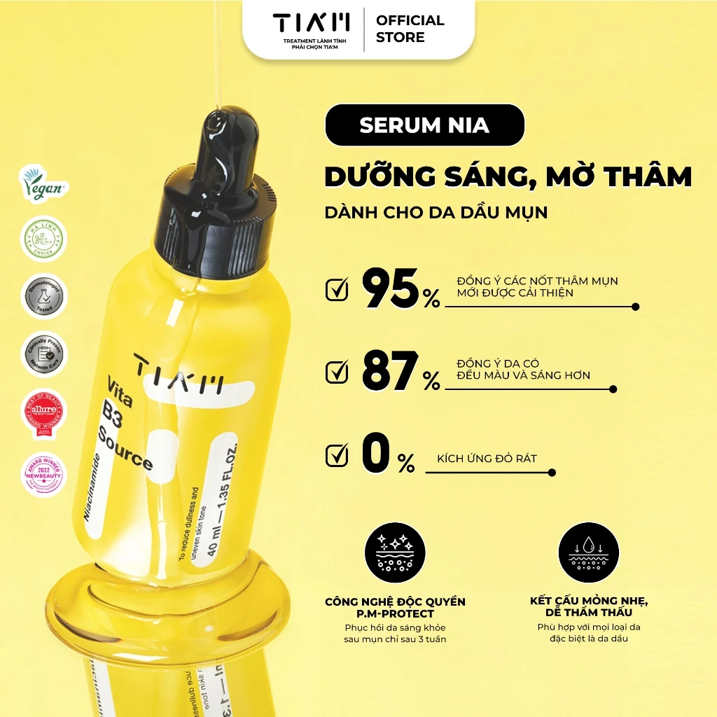 Serum Tiam Tinh Chất Dưỡng Trắng Da, Giảm Thâm Nám, Phục Hồi Da Sau Mụn Tiam Vita B3 Source Serum 40ml