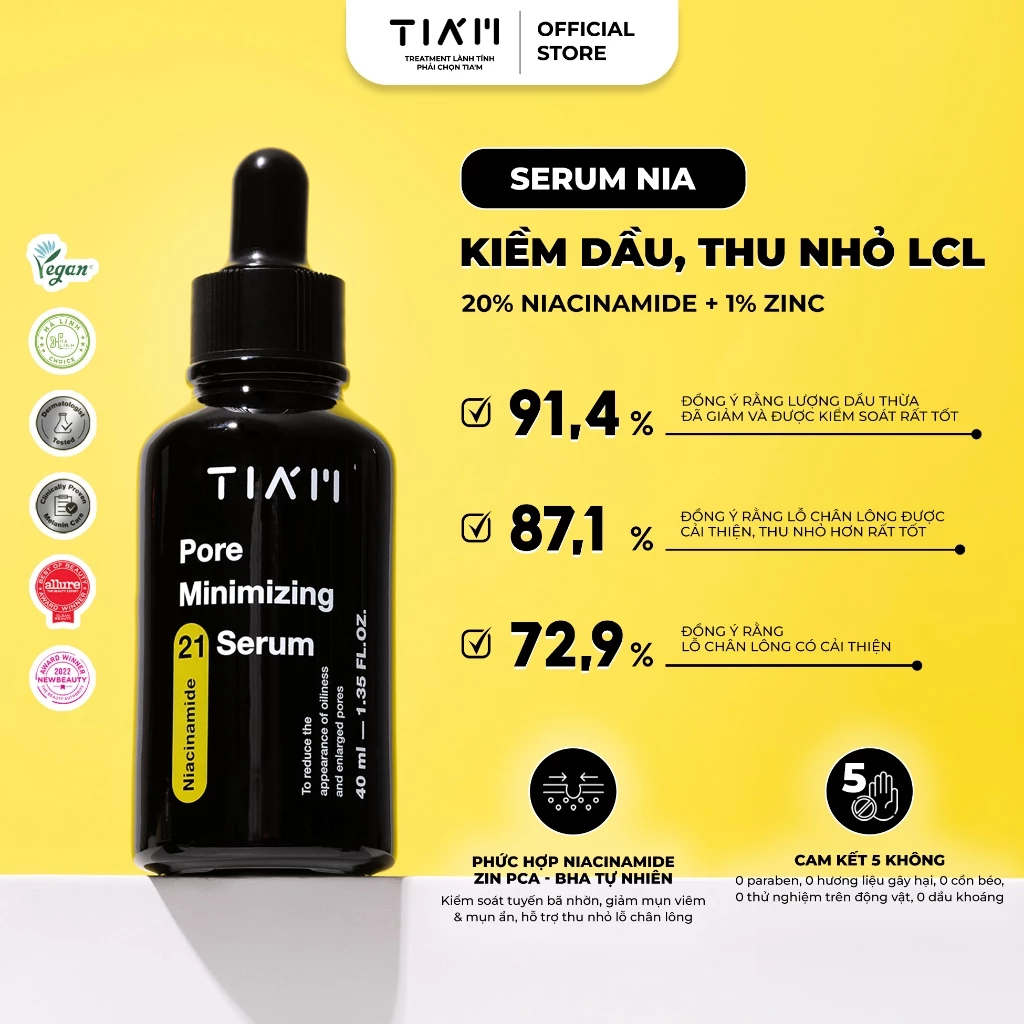 Serum Tiam Niacinamide 20% + Zinc 1% Thu Nhỏ Lỗ Chân Lông, Kiểm Soát Dầu Nhờn Và Ngừa Mụn 40ml
