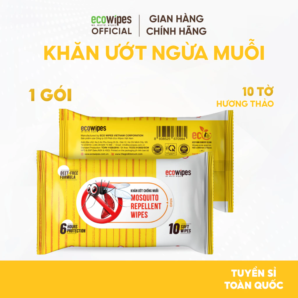 Khăn Giấy Ướt Chống Muỗi EcoWipes Cho Bé 10 Tờ