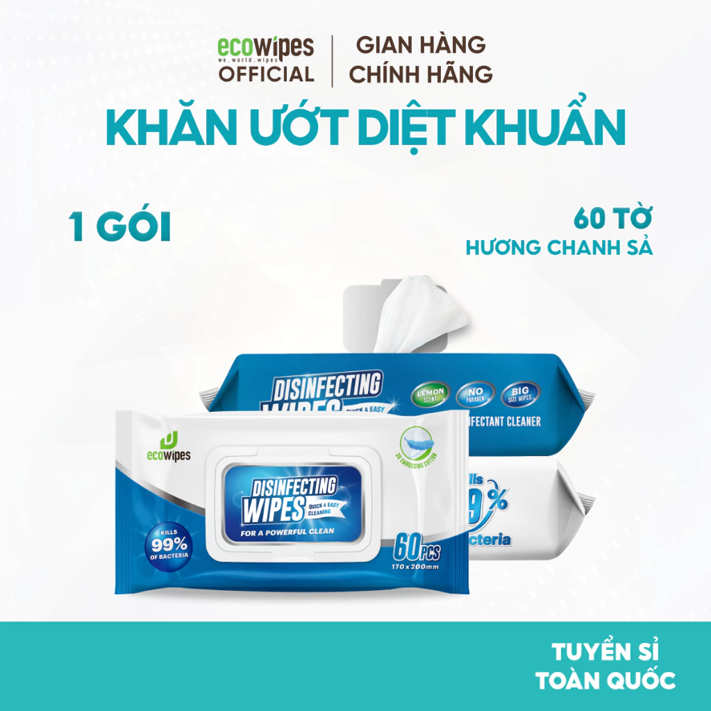 Khăn Ướt Diệt Khuẩn EcoWipes Hương Chanh Sả 60 Tờ