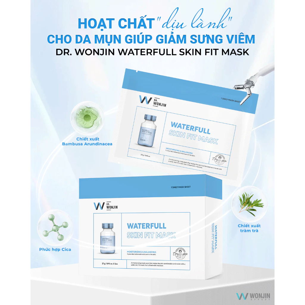 Hộp 5 Mặt Nạ Giúp Giảm Sưng Viêm Mụn WonJin Waterfull Skin Fit Mask 27g x5 Miếng