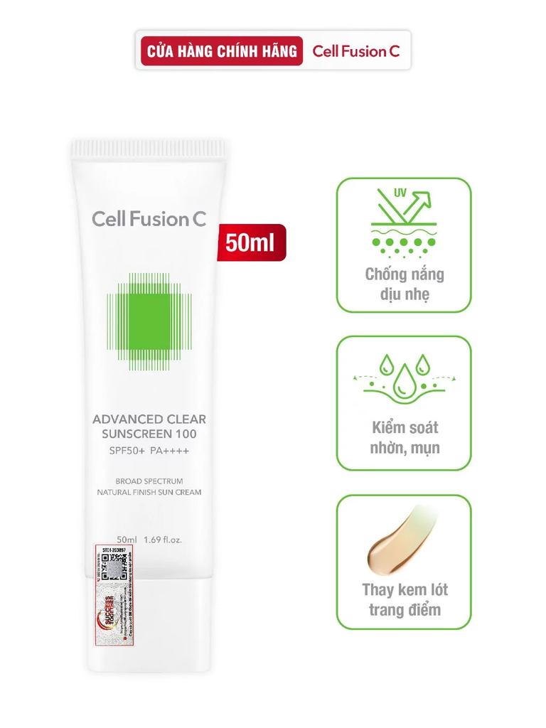 Kem Chống Nắng Phổ Rộng Cho Da Dầu Mụn Cell Fusion C Advanced Clear Sunscreen 100 SPF50+ 50ml