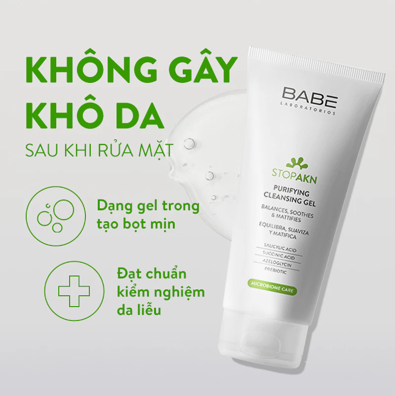 Sữa Rửa Mặt Lợi Khuẩn Cho Da Dầu Mụn BABE Stop AKN Purifying Cleansing Gel 200ml